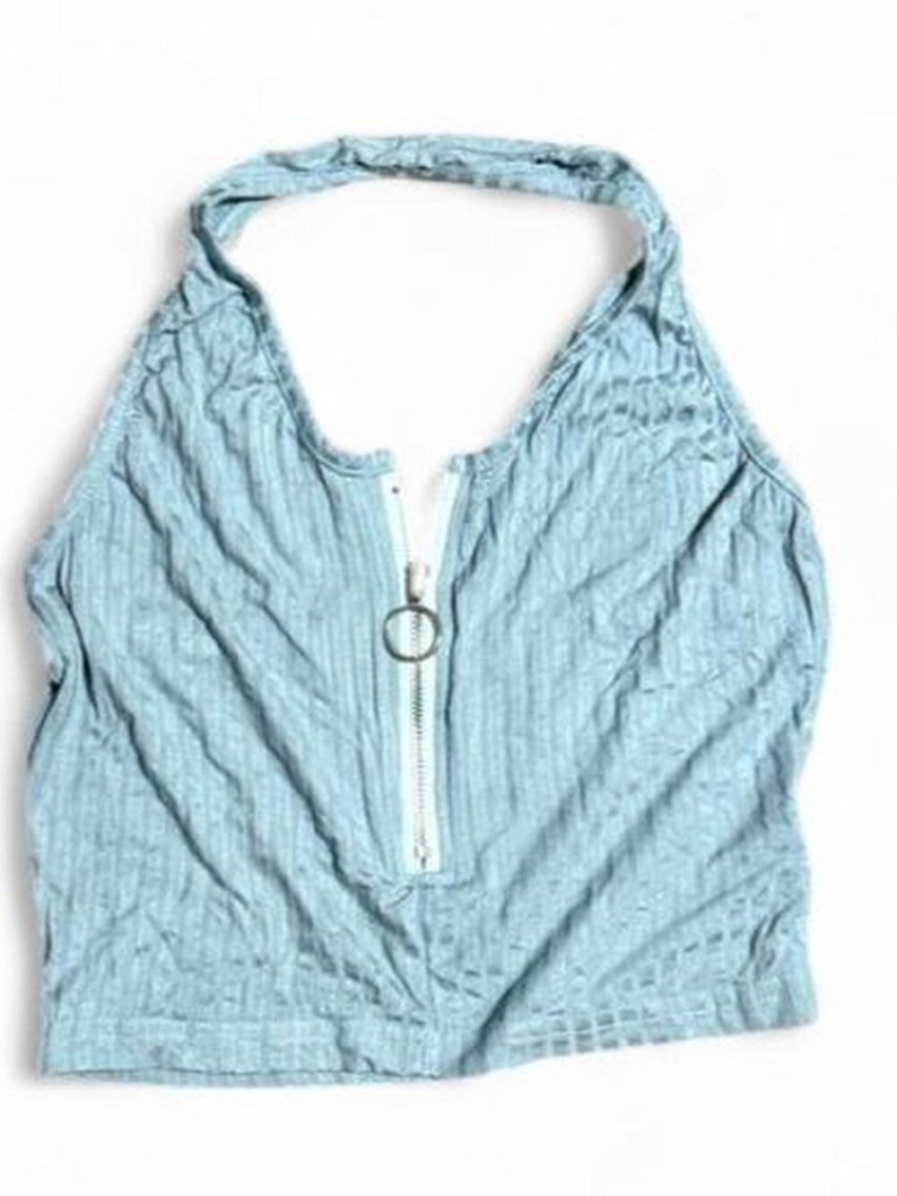 Teal Ribbed Halter Neck Crop Top Zipper Front Size M